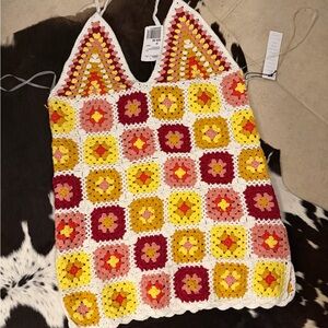 Crochet Square Tank Top in Yellow, Pink & Red - Boho Knit Camisole